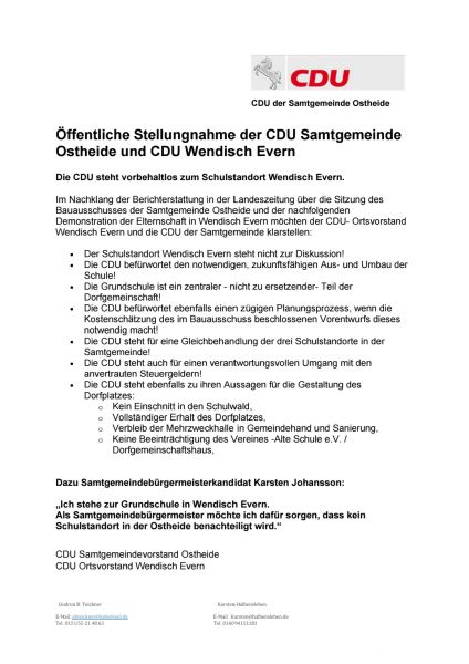 Stellungnahme der CDU SGO und Wendisch Evern